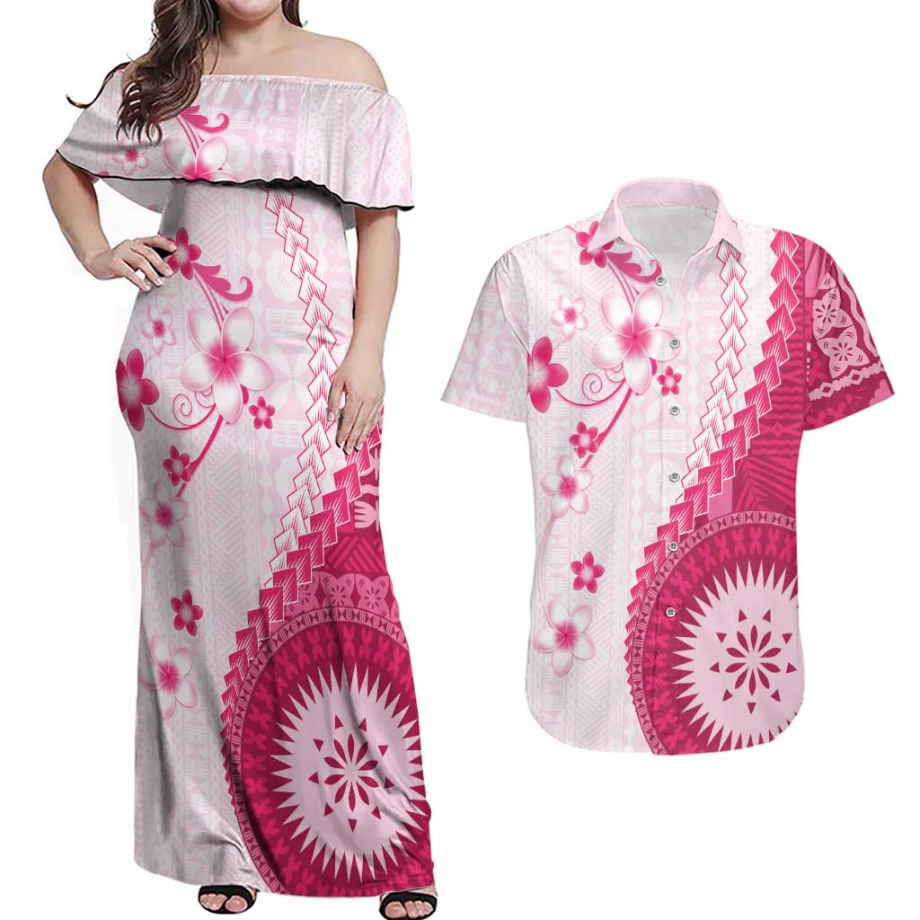 Bula Fiji Couples Matching Off Shoulder Maxi Dress and Hawaiian Shirt Pink Plumeria Masi Tapa Pattern - Polynesian Pride