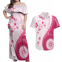 Bula Fiji Couples Matching Off Shoulder Maxi Dress and Hawaiian Shirt Pink Plumeria Masi Tapa Pattern - Polynesian Pride