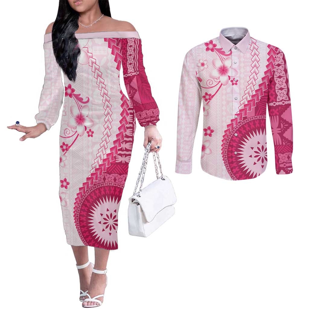 Bula Fiji Couples Matching Off The Shoulder Long Sleeve Dress and Long Sleeve Button Shirt Pink Plumeria Masi Tapa Pattern - Polynesian Pride