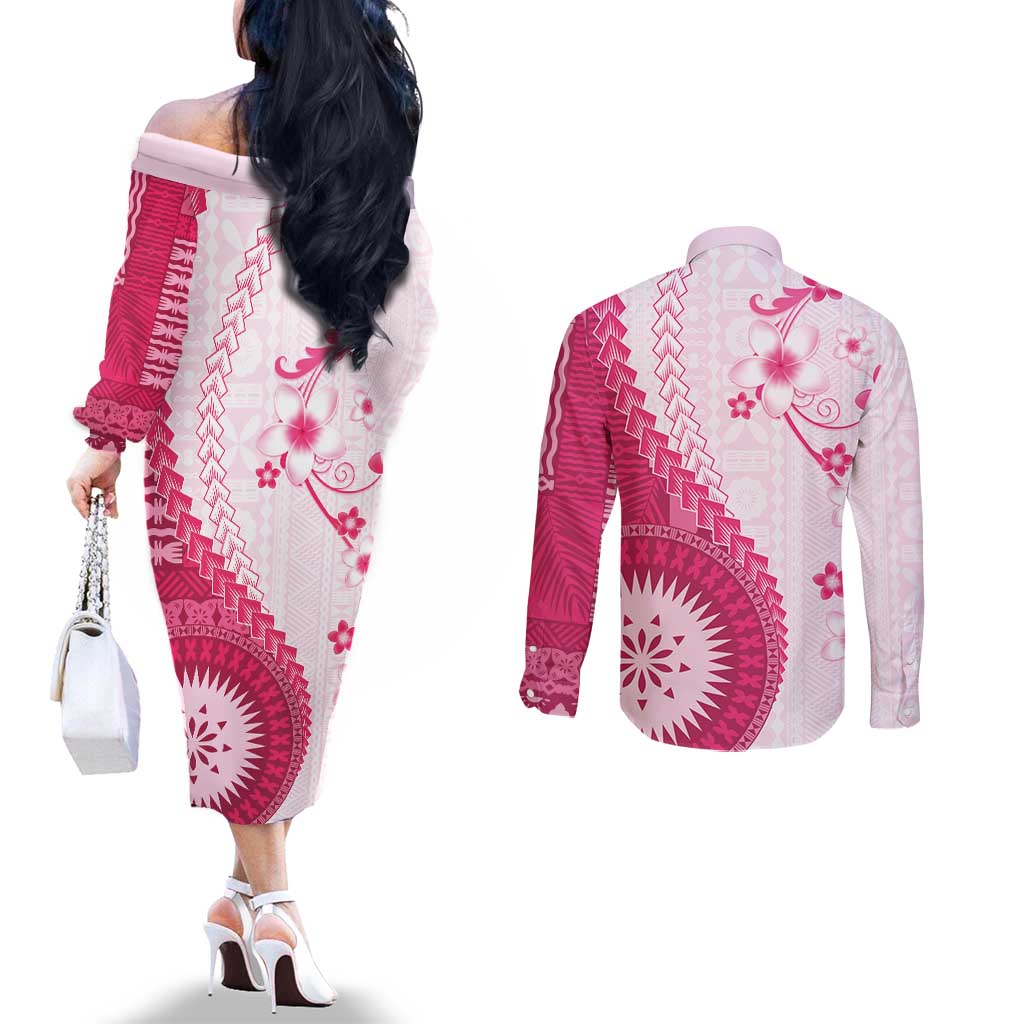 Bula Fiji Couples Matching Off The Shoulder Long Sleeve Dress and Long Sleeve Button Shirt Pink Plumeria Masi Tapa Pattern - Polynesian Pride