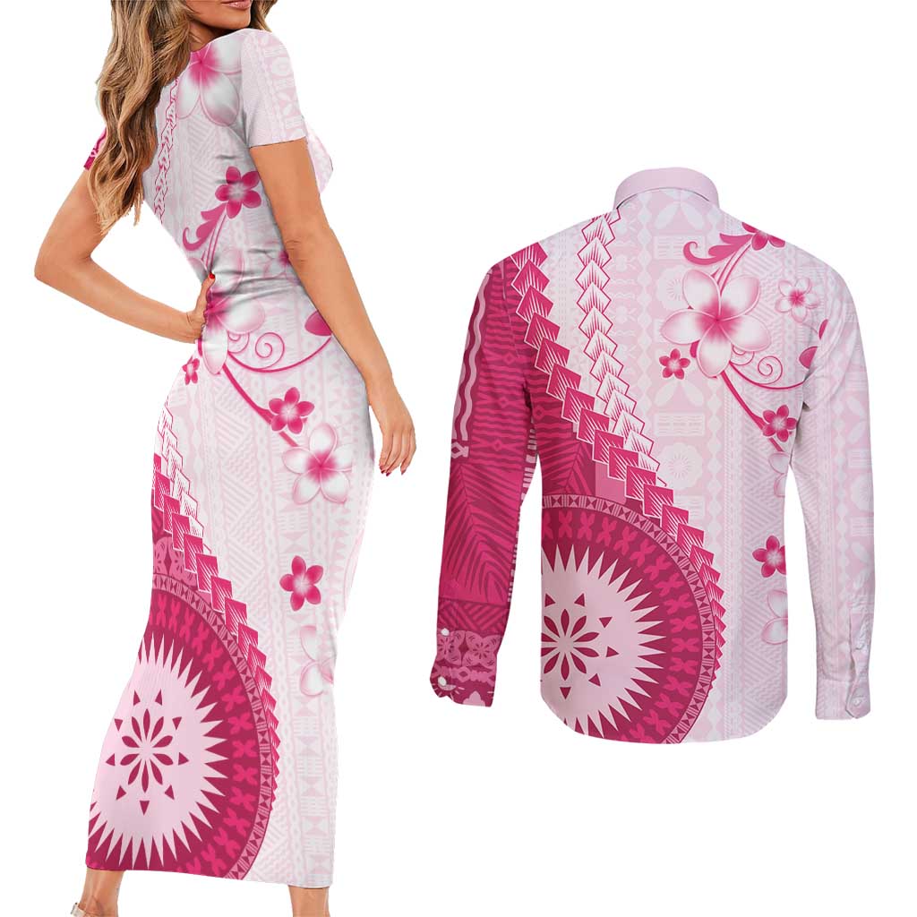 Bula Fiji Couples Matching Short Sleeve Bodycon Dress and Long Sleeve Button Shirt Pink Plumeria Masi Tapa Pattern - Polynesian Pride