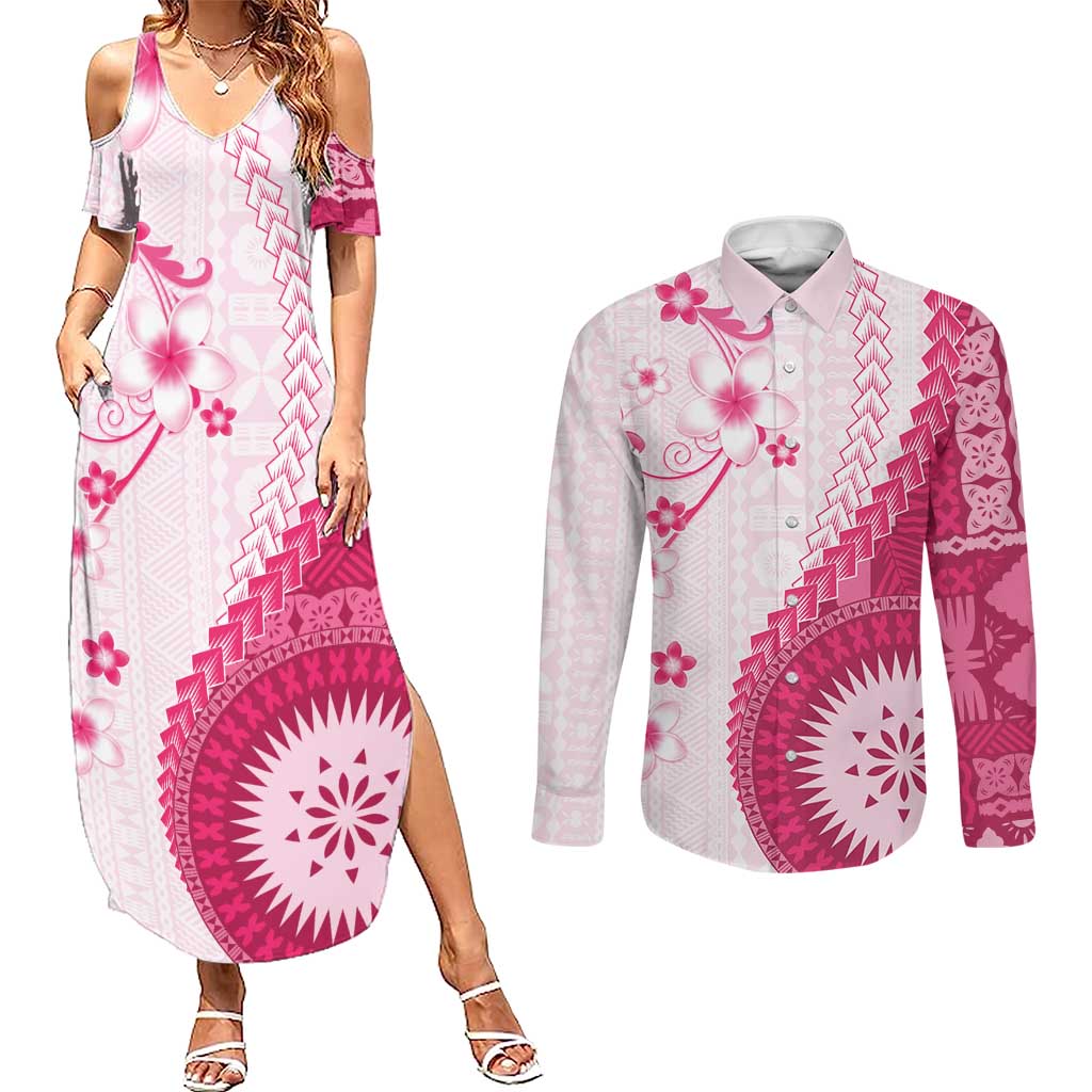 Bula Fiji Couples Matching Summer Maxi Dress and Long Sleeve Button Shirt Pink Plumeria Masi Tapa Pattern - Polynesian Pride