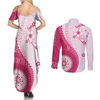 Bula Fiji Couples Matching Summer Maxi Dress and Long Sleeve Button Shirt Pink Plumeria Masi Tapa Pattern - Polynesian Pride