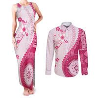 Bula Fiji Couples Matching Tank Maxi Dress and Long Sleeve Button Shirt Pink Plumeria Masi Tapa Pattern - Polynesian Pride