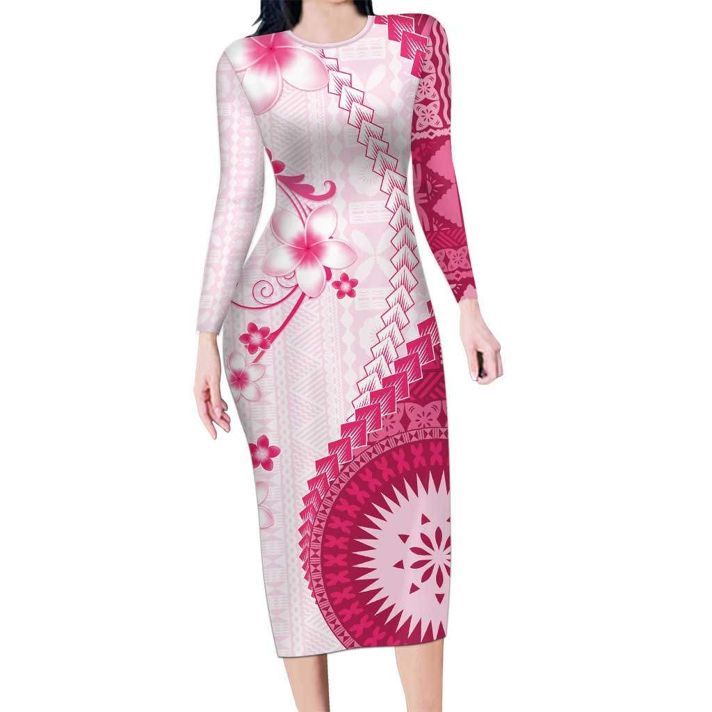 Bula Fiji Family Matching Long Sleeve Bodycon Dress and Hawaiian Shirt Pink Plumeria Masi Tapa Pattern - Polynesian Pride