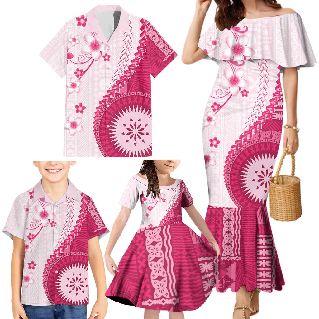 Bula Fiji Family Matching Mermaid Dress and Hawaiian Shirt Pink Plumeria Masi Tapa Pattern - Polynesian Pride