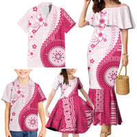 Bula Fiji Family Matching Mermaid Dress and Hawaiian Shirt Pink Plumeria Masi Tapa Pattern - Polynesian Pride