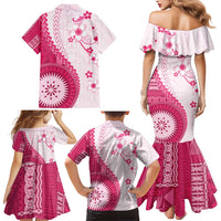 Bula Fiji Family Matching Mermaid Dress and Hawaiian Shirt Pink Plumeria Masi Tapa Pattern - Polynesian Pride