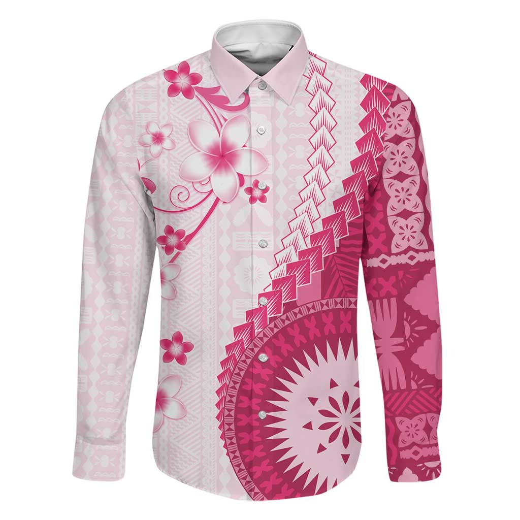 Bula Fiji Family Matching Off Shoulder Maxi Dress and Hawaiian Shirt Pink Plumeria Masi Tapa Pattern LT05 Dad's Shirt - Long Sleeve Pink - Polynesian Pride
