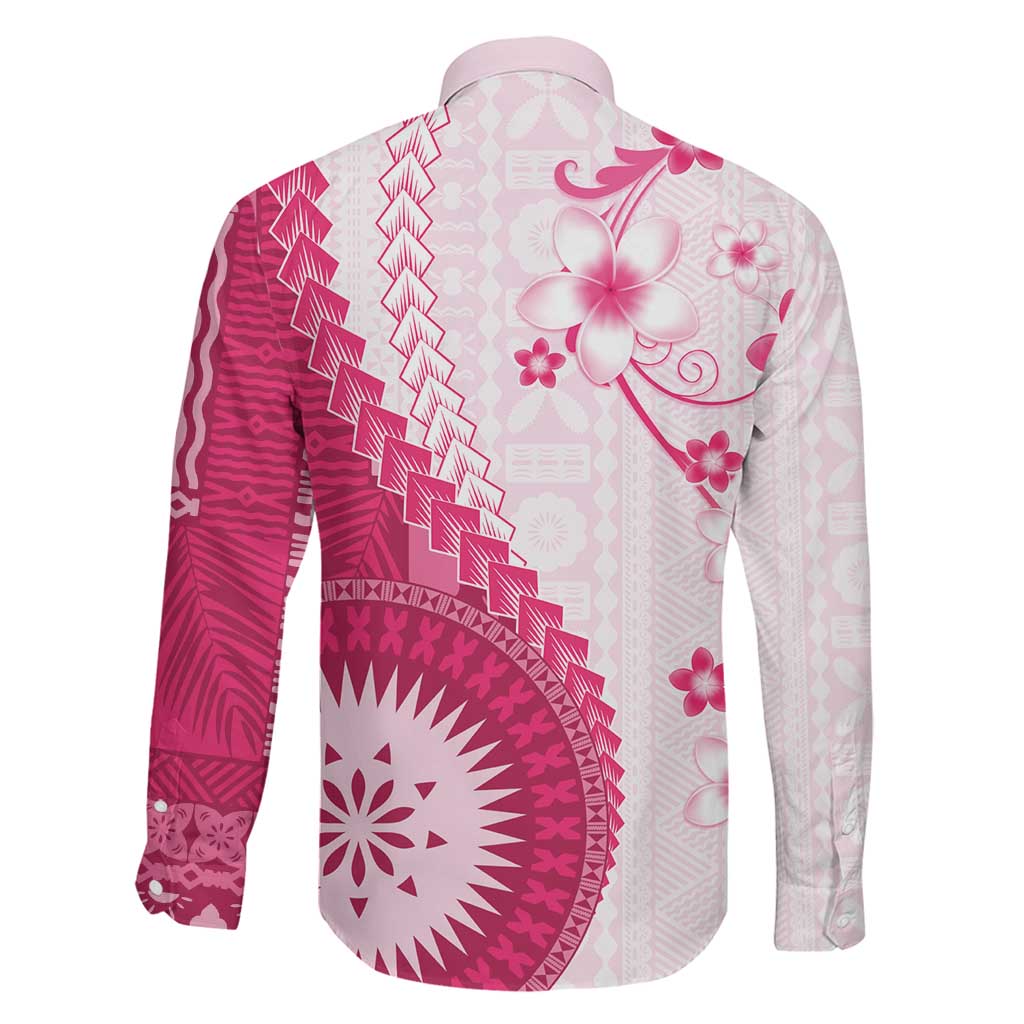 Bula Fiji Family Matching Off Shoulder Maxi Dress and Hawaiian Shirt Pink Plumeria Masi Tapa Pattern LT05 - Polynesian Pride