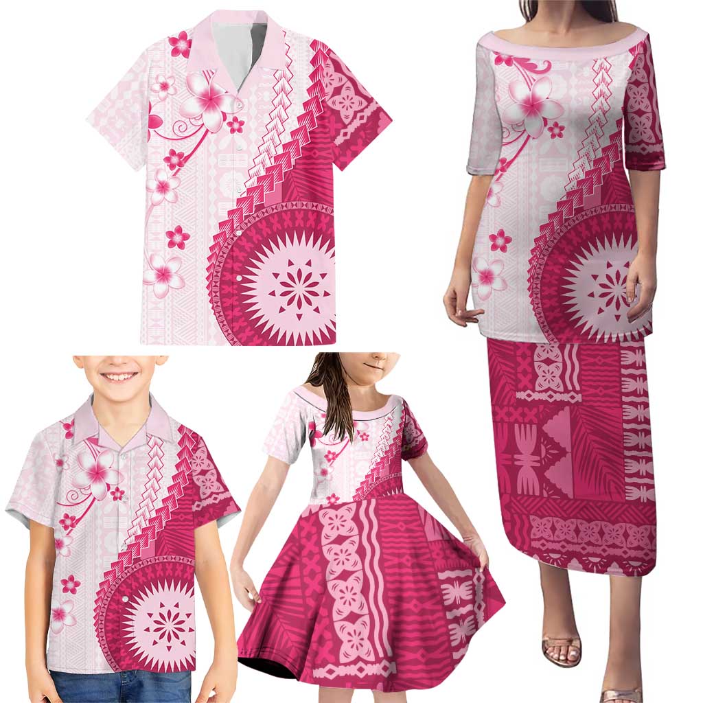 Bula Fiji Family Matching Puletasi and Hawaiian Shirt Pink Plumeria Masi Tapa Pattern - Polynesian Pride