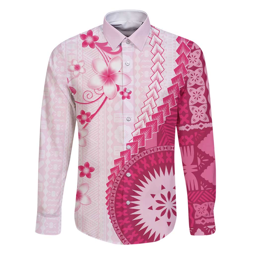 Bula Fiji Family Matching Short Sleeve Bodycon Dress and Hawaiian Shirt Pink Plumeria Masi Tapa Pattern - Polynesian Pride