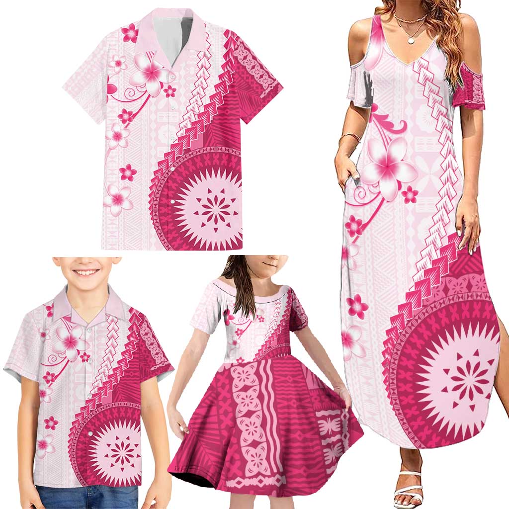 Bula Fiji Family Matching Summer Maxi Dress and Hawaiian Shirt Pink Plumeria Masi Tapa Pattern - Polynesian Pride