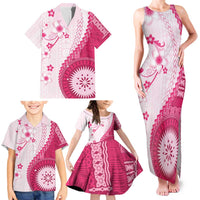 Bula Fiji Family Matching Tank Maxi Dress and Hawaiian Shirt Pink Plumeria Masi Tapa Pattern - Polynesian Pride