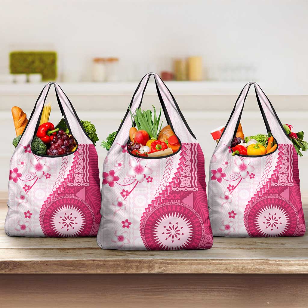 Bula Fiji Grocery Bag Pink Plumeria Masi Tapa Pattern - Polynesian Pride