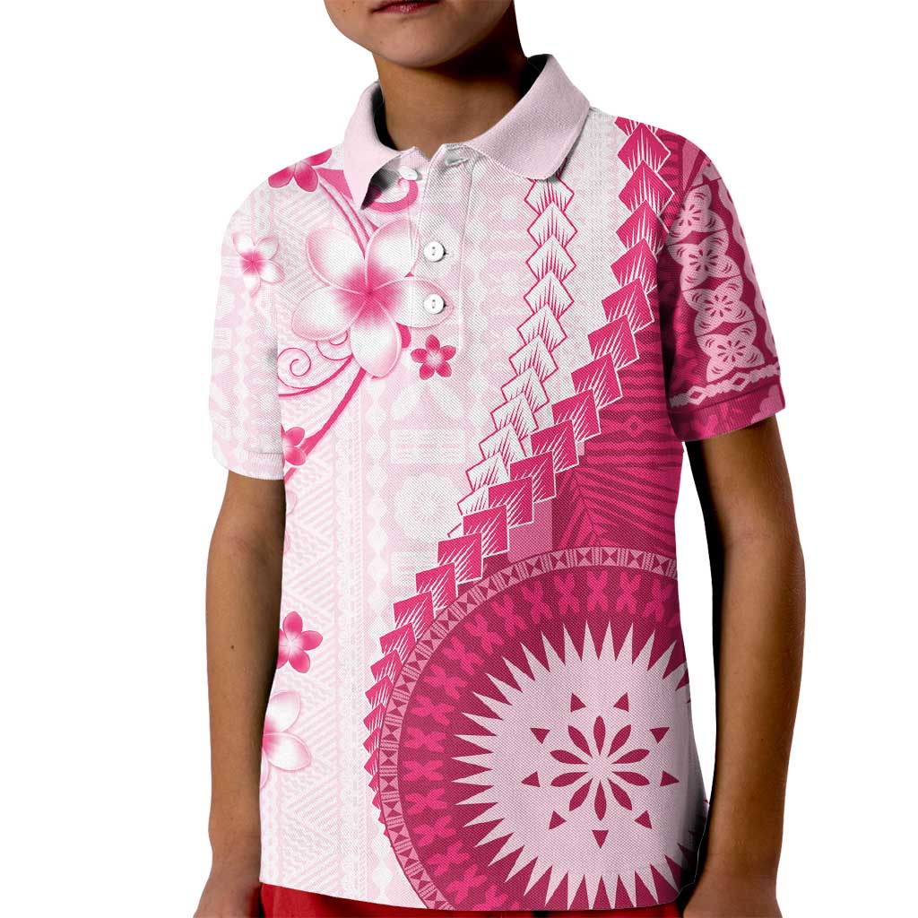 Bula Fiji Kid Polo Shirt Pink Plumeria Masi Tapa Pattern - Polynesian Pride