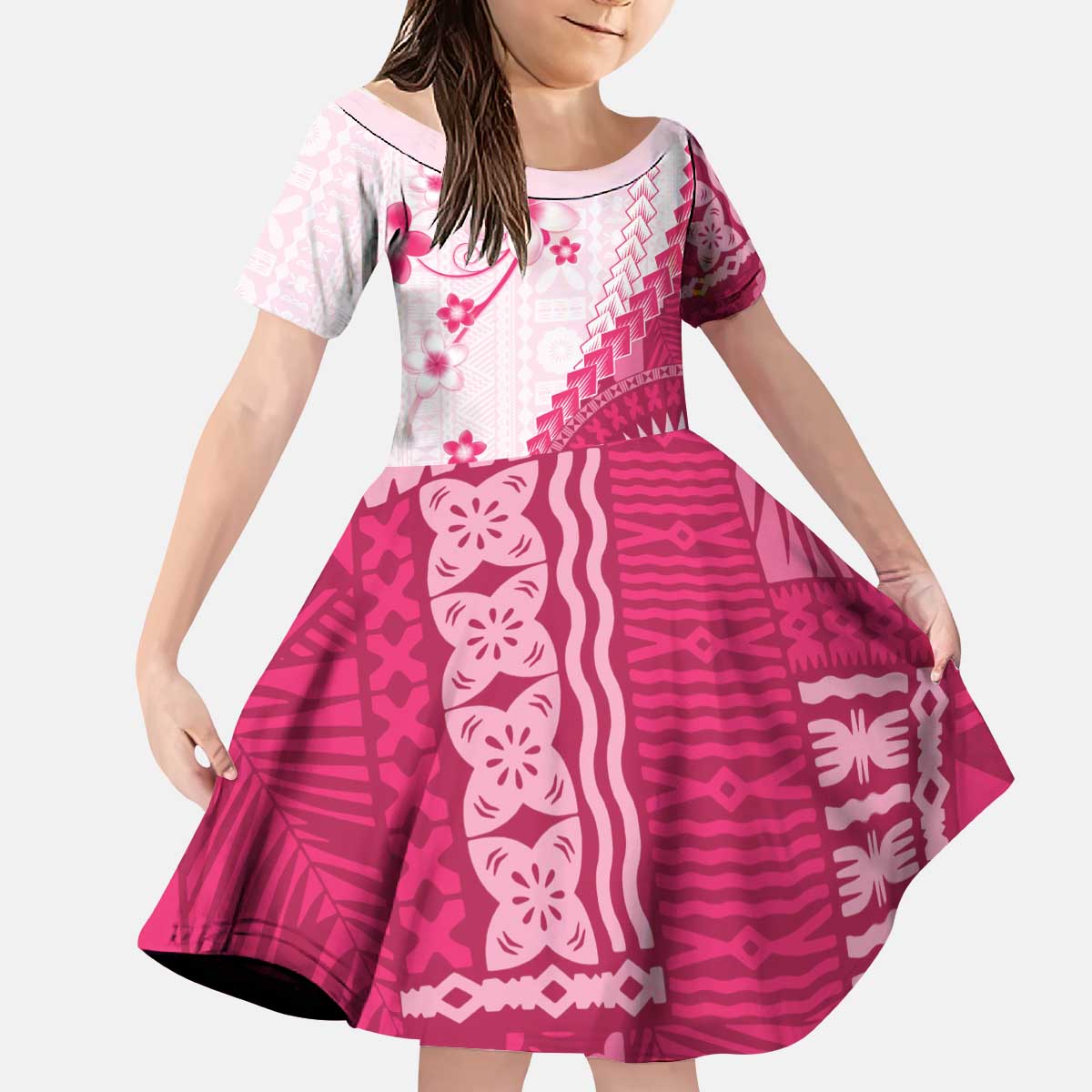Bula Fiji Kid Short Sleeve Dress Pink Plumeria Masi Tapa Pattern LT05 KID Pink - Polynesian Pride