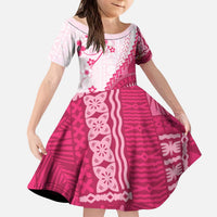 Bula Fiji Kid Short Sleeve Dress Pink Plumeria Masi Tapa Pattern LT05 KID Pink - Polynesian Pride