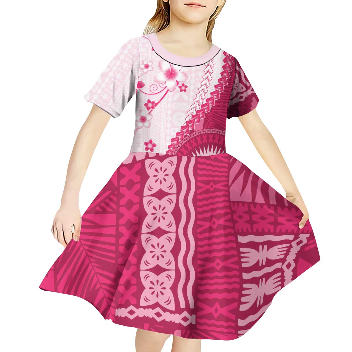Bula Fiji Kid Short Sleeve Dress Pink Plumeria Masi Tapa Pattern LT05 - Polynesian Pride