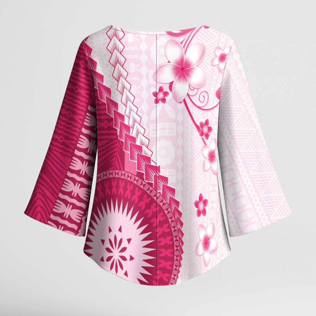 Bula Fiji Kimono Sleeve Blouse Pink Plumeria Masi Tapa Pattern - Polynesian Pride