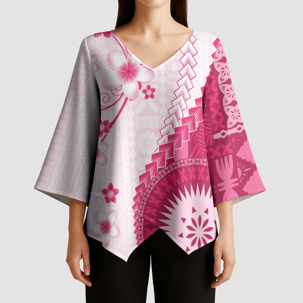 Bula Fiji Kimono Sleeve Blouse Pink Plumeria Masi Tapa Pattern - Polynesian Pride