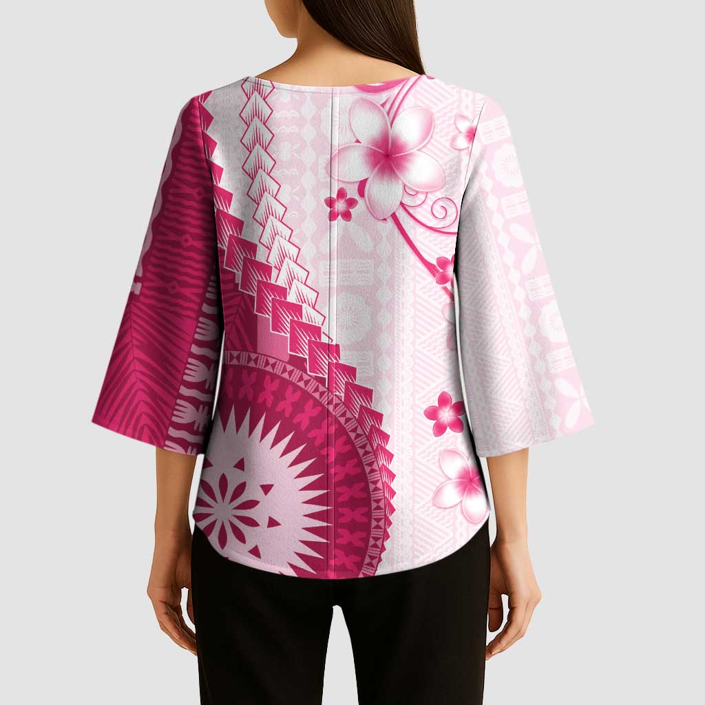 Bula Fiji Kimono Sleeve Blouse Pink Plumeria Masi Tapa Pattern - Polynesian Pride