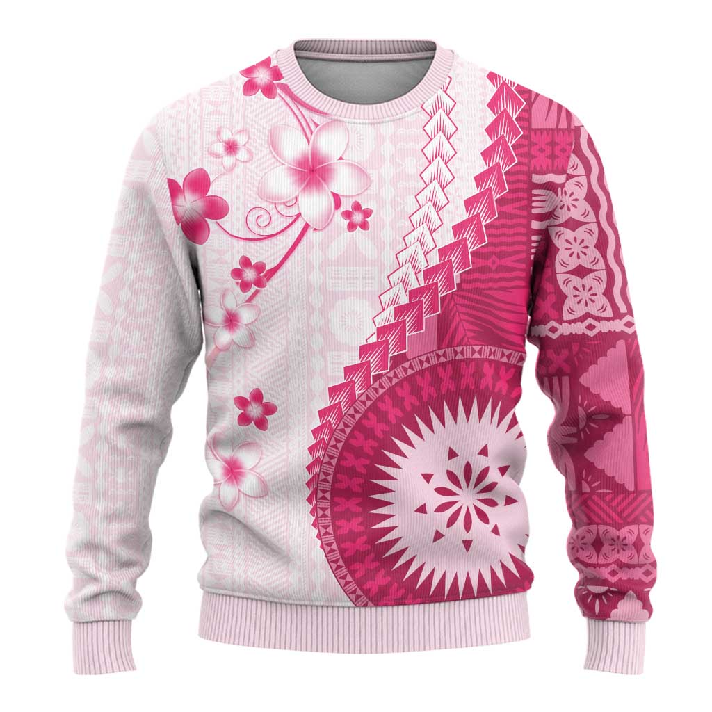 Bula Fiji Ugly Christmas Sweater Pink Plumeria Masi Tapa Pattern - Polynesian Pride