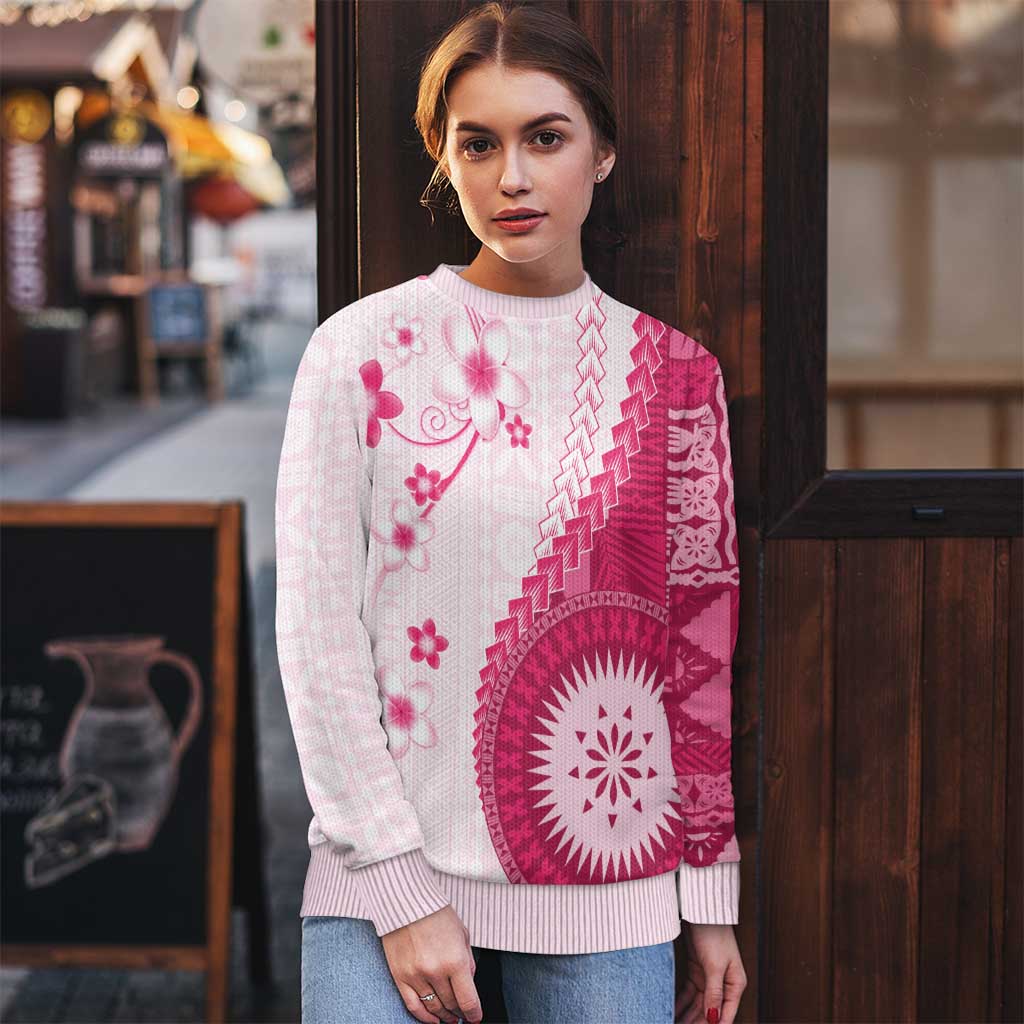 Bula Fiji Ugly Christmas Sweater Pink Plumeria Masi Tapa Pattern - Polynesian Pride