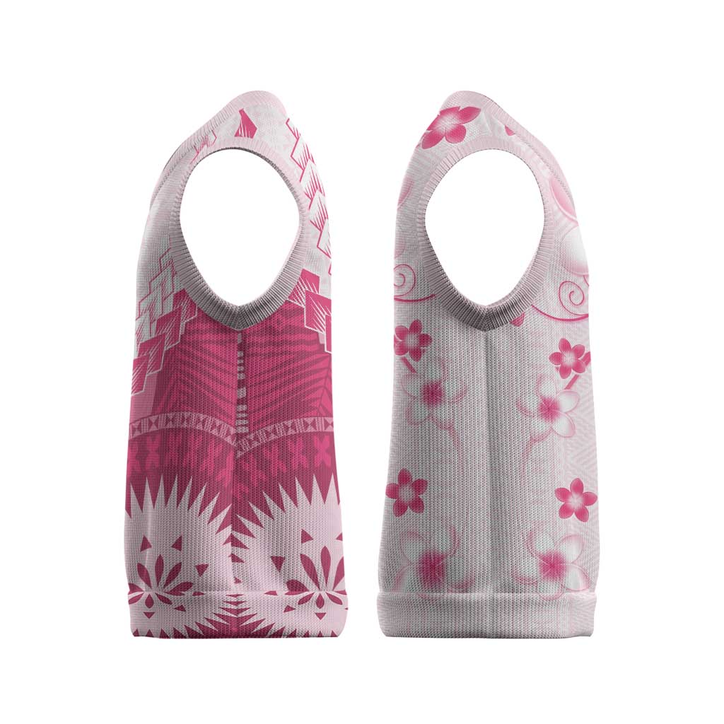 Bula Fiji Christmas Knitted V-Neck Vest Pink Plumeria Masi Tapa Pattern - Polynesian Pride