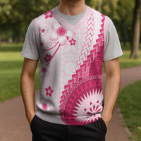 Bula Fiji Christmas Knitted V-Neck Vest Pink Plumeria Masi Tapa Pattern - Polynesian Pride