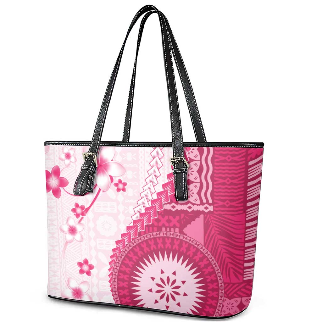 Bula Fiji Leather Tote Bag Pink Plumeria Masi Tapa Pattern - Polynesian Pride