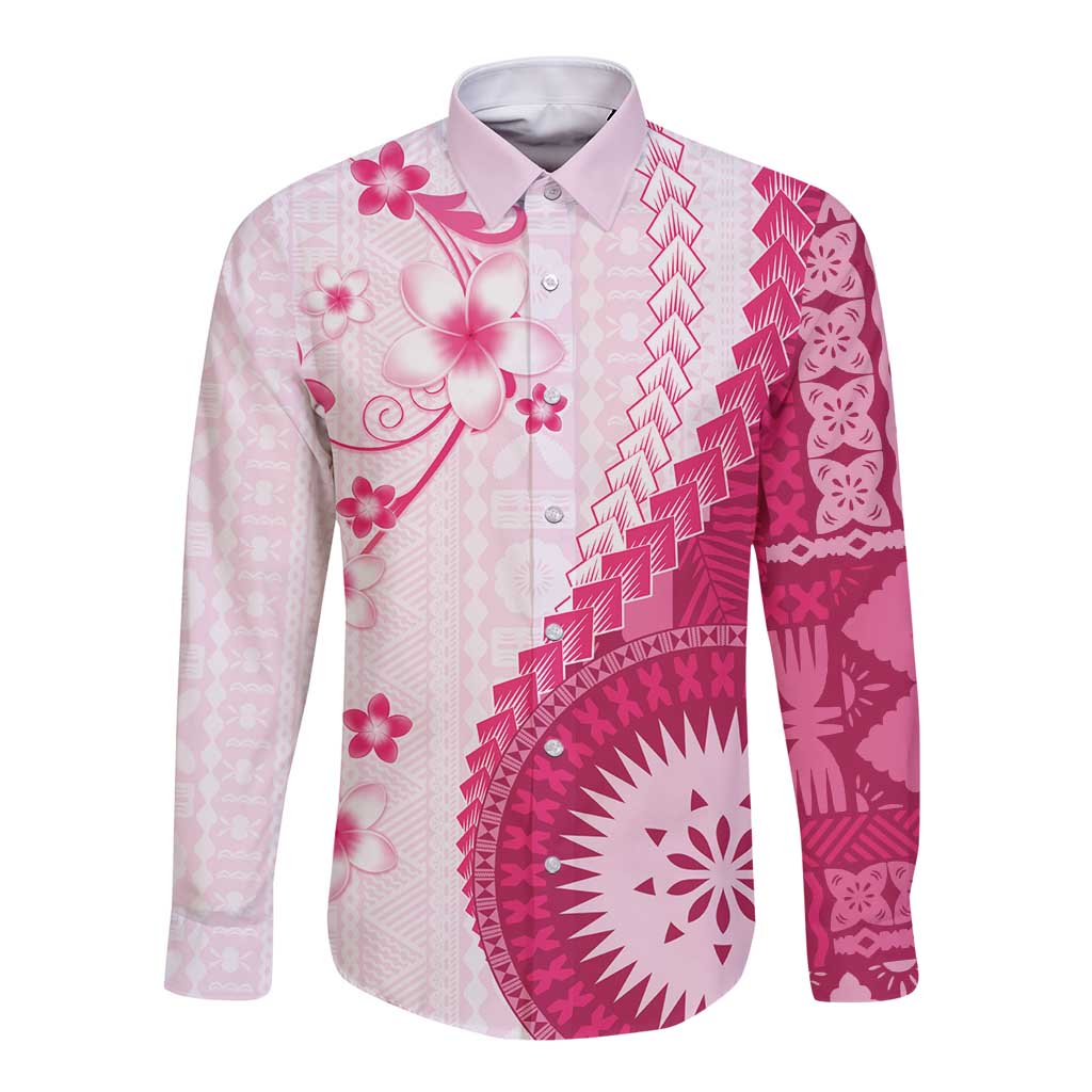 Bula Fiji Long Sleeve Button Shirt Pink Plumeria Masi Tapa Pattern - Polynesian Pride