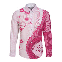Bula Fiji Long Sleeve Button Shirt Pink Plumeria Masi Tapa Pattern - Polynesian Pride