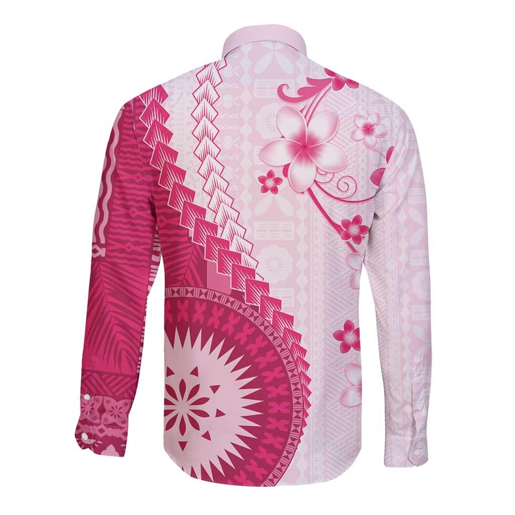 Bula Fiji Long Sleeve Button Shirt Pink Plumeria Masi Tapa Pattern - Polynesian Pride