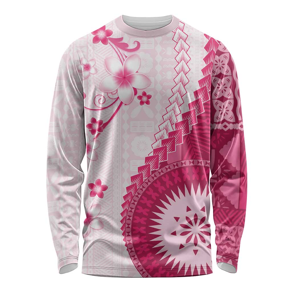 Bula Fiji Long Sleeve Shirt Pink Plumeria Masi Tapa Pattern - Polynesian Pride
