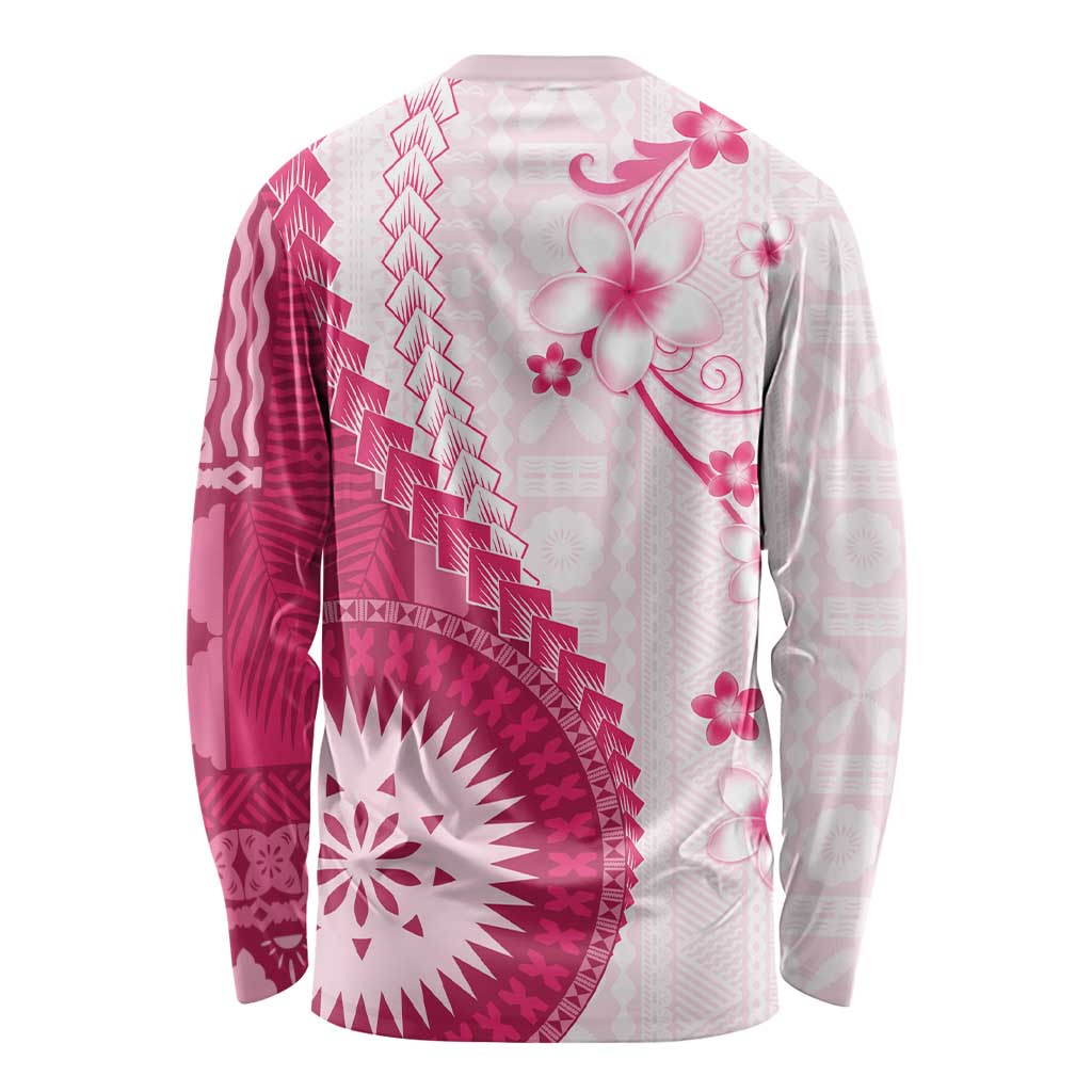 Bula Fiji Long Sleeve Shirt Pink Plumeria Masi Tapa Pattern - Polynesian Pride