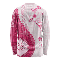 Bula Fiji Long Sleeve Shirt Pink Plumeria Masi Tapa Pattern - Polynesian Pride