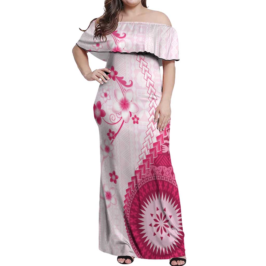 Bula Fiji Off Shoulder Maxi Dress Pink Plumeria Masi Tapa Pattern - Polynesian Pride
