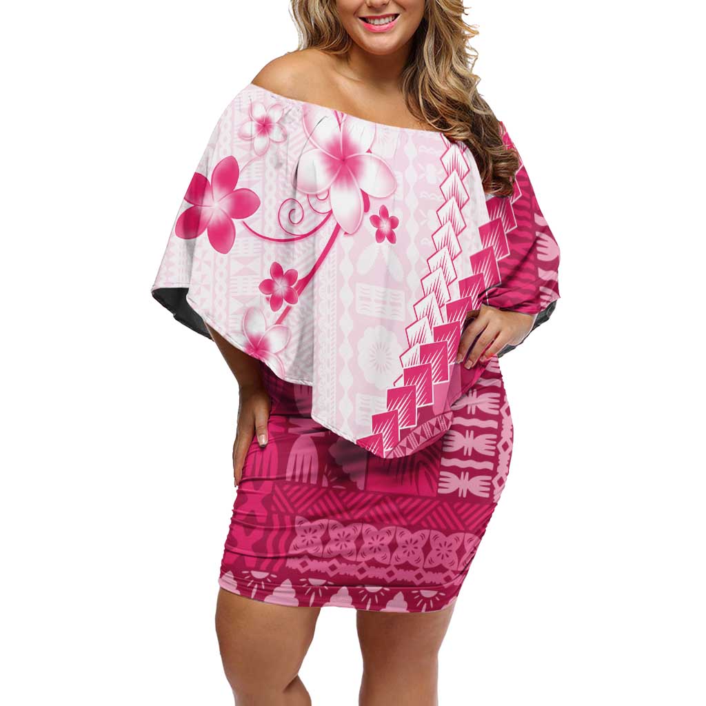Bula Fiji Off Shoulder Short Dress Pink Plumeria Masi Tapa Pattern - Polynesian Pride