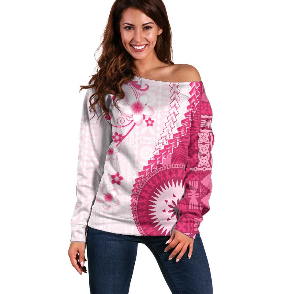 Bula Fiji Off Shoulder Sweater Pink Plumeria Masi Tapa Pattern - Polynesian Pride