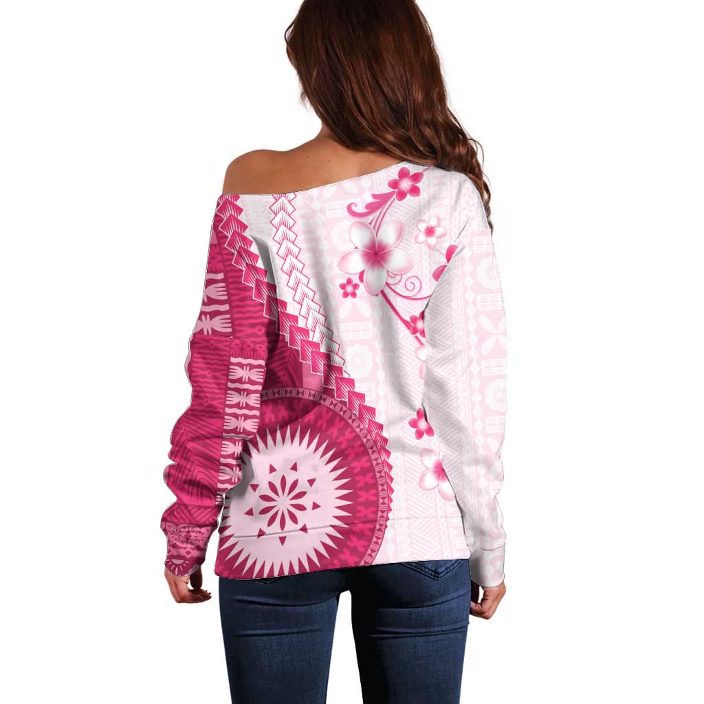 Bula Fiji Off Shoulder Sweater Pink Plumeria Masi Tapa Pattern - Polynesian Pride