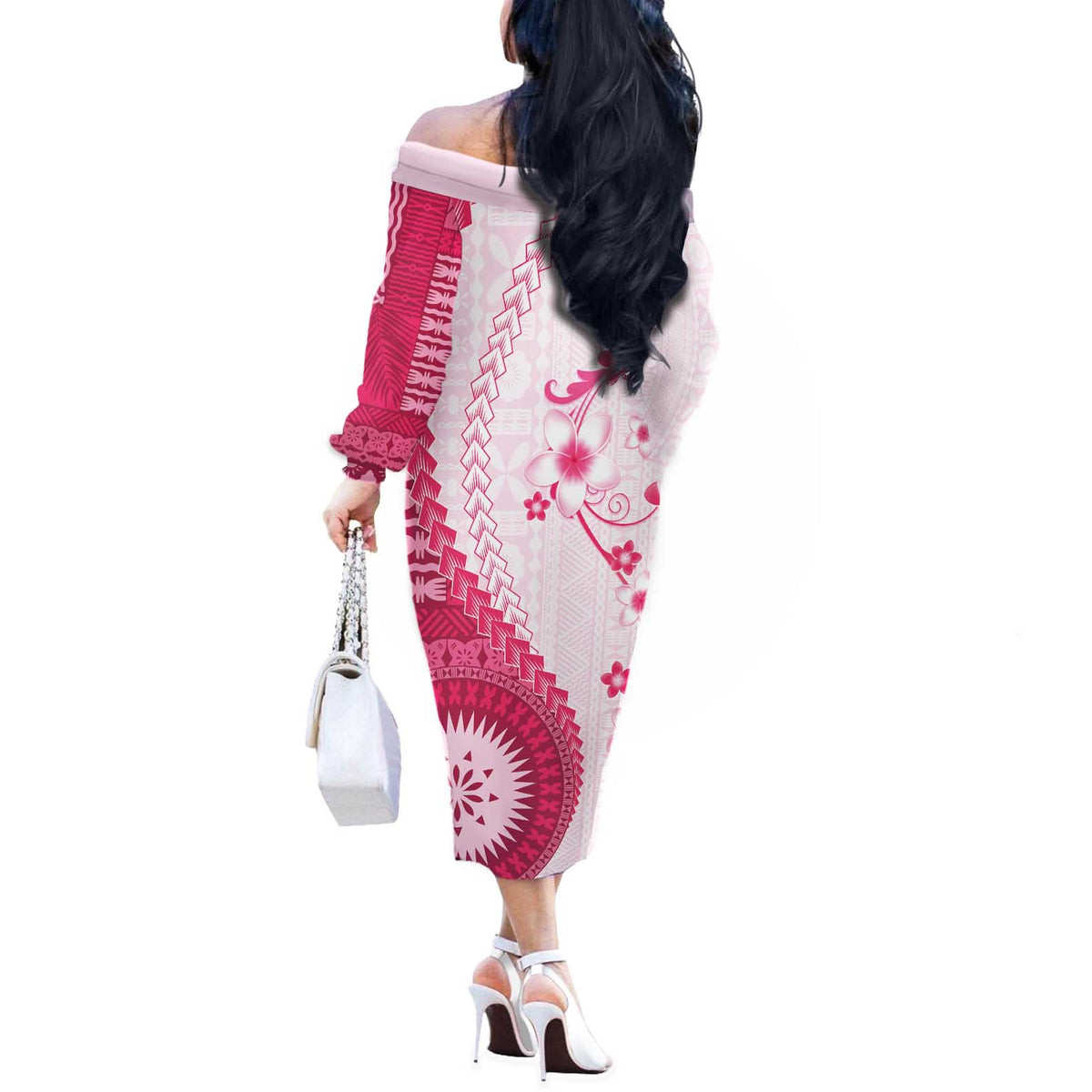 Bula Fiji Off The Shoulder Long Sleeve Dress Pink Plumeria Masi Tapa Pattern - Polynesian Pride