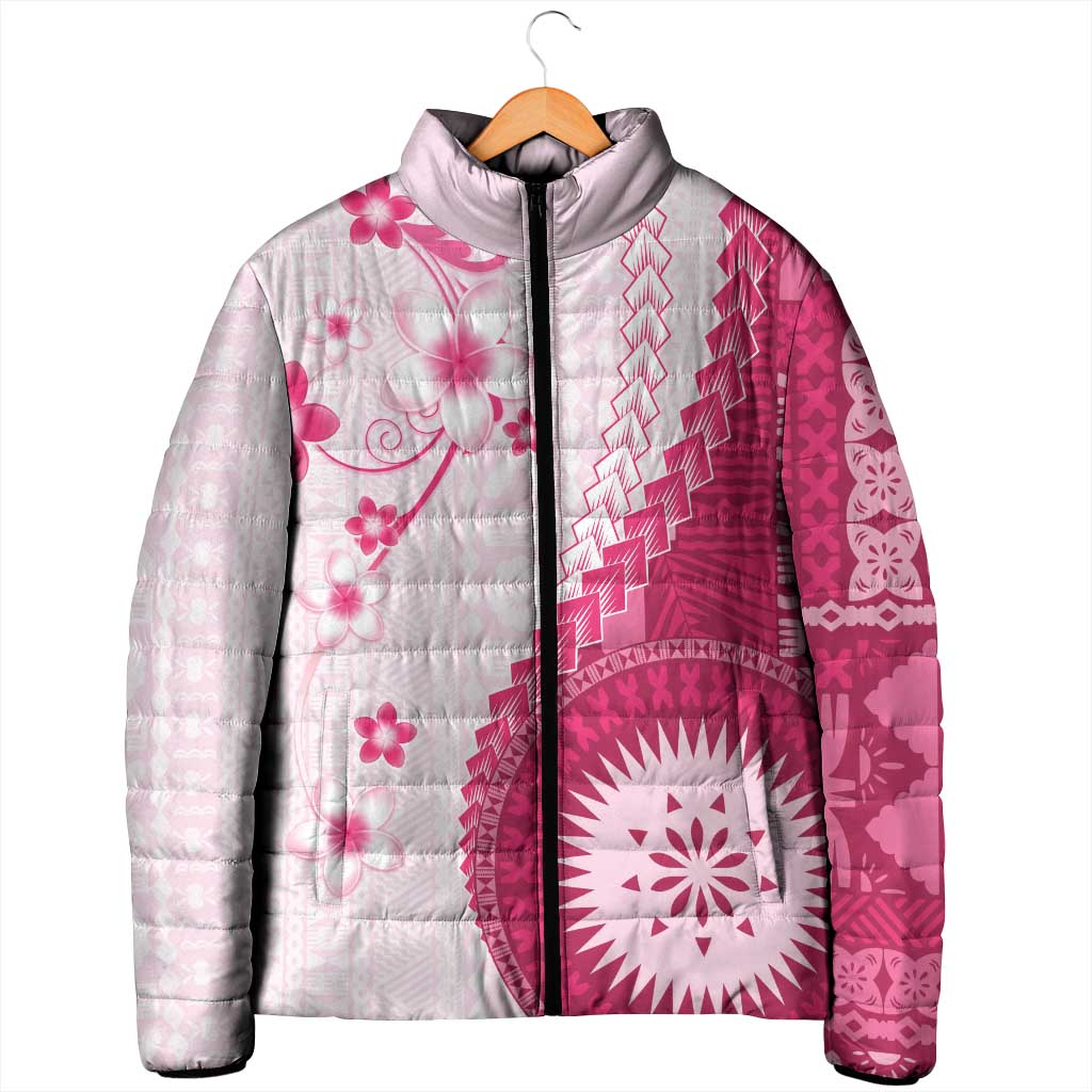 Bula Fiji Padded Jacket Pink Plumeria Masi Tapa Pattern - Polynesian Pride
