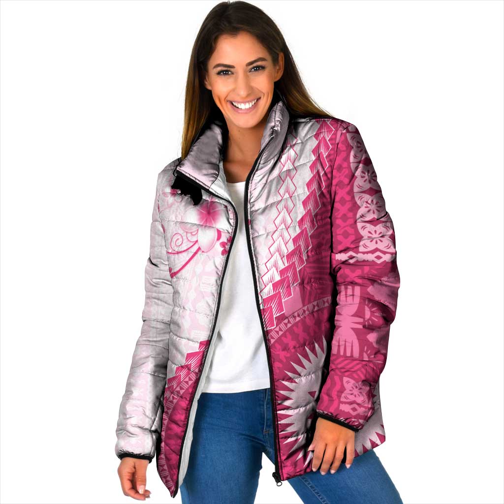 Bula Fiji Padded Jacket Pink Plumeria Masi Tapa Pattern - Polynesian Pride