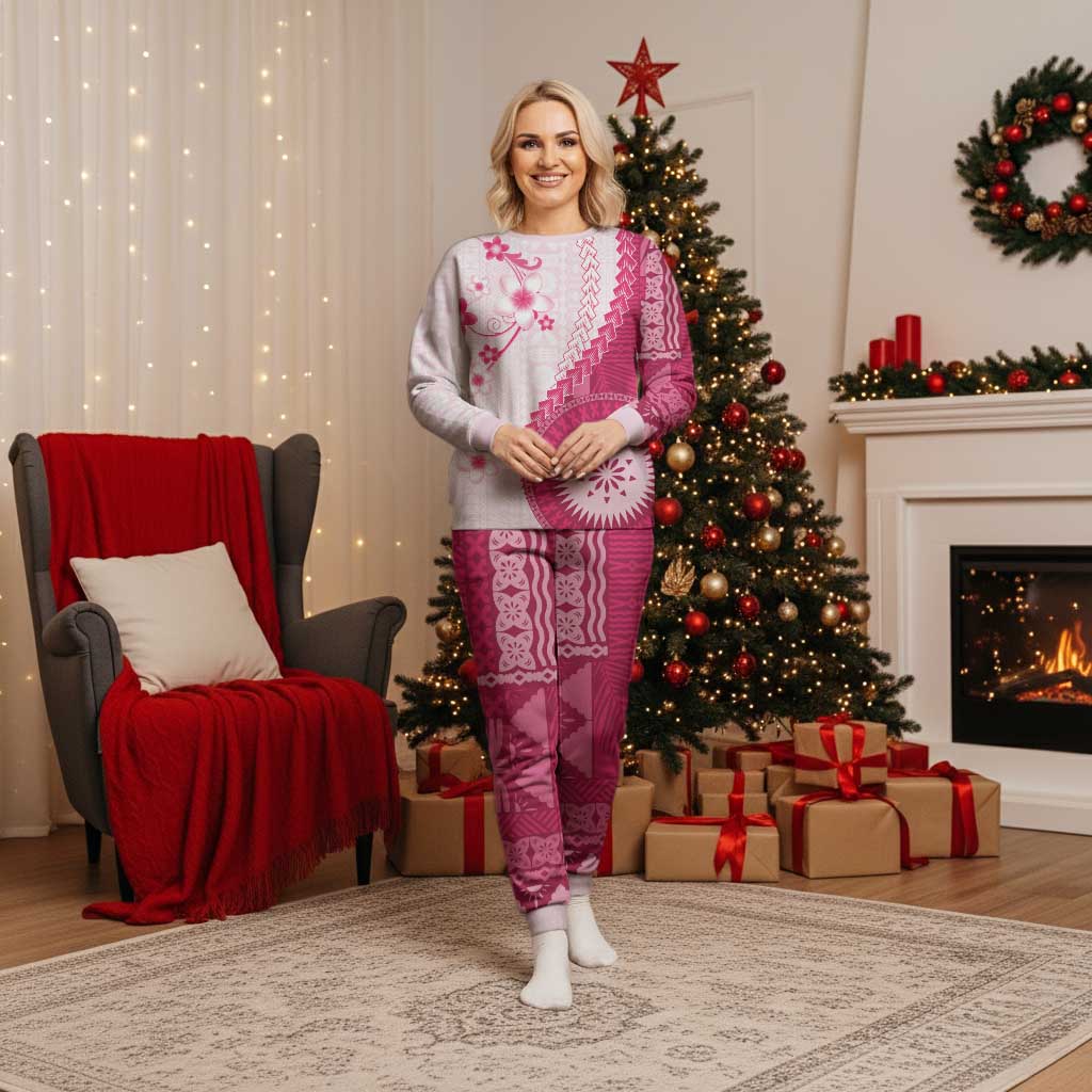 Bula Fiji Christmas Pajama Set Pink Plumeria Masi Tapa Pattern - Polynesian Pride