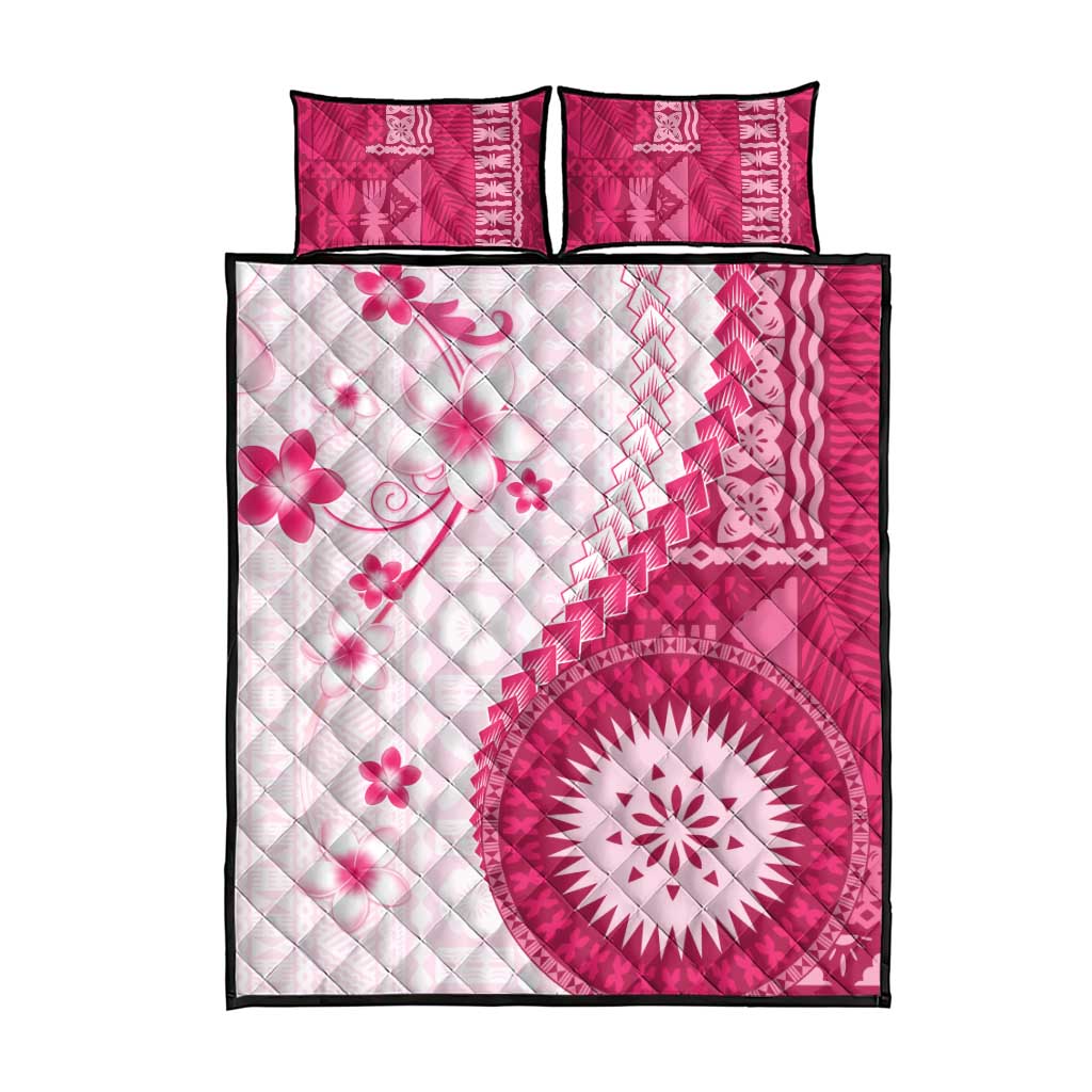 Bula Fiji Quilt Bed Set Pink Plumeria Masi Tapa Pattern - Polynesian Pride