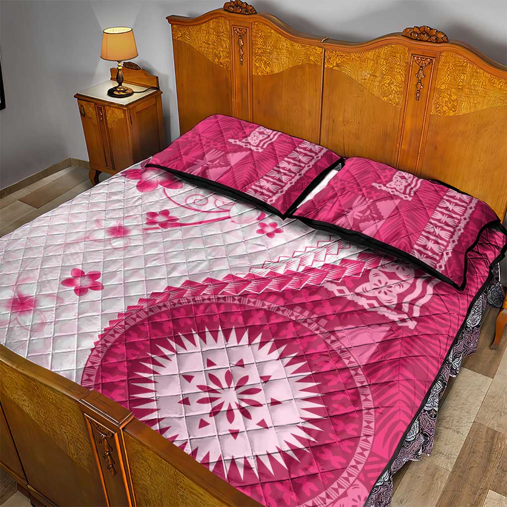 Bula Fiji Quilt Bed Set Pink Plumeria Masi Tapa Pattern - Polynesian Pride