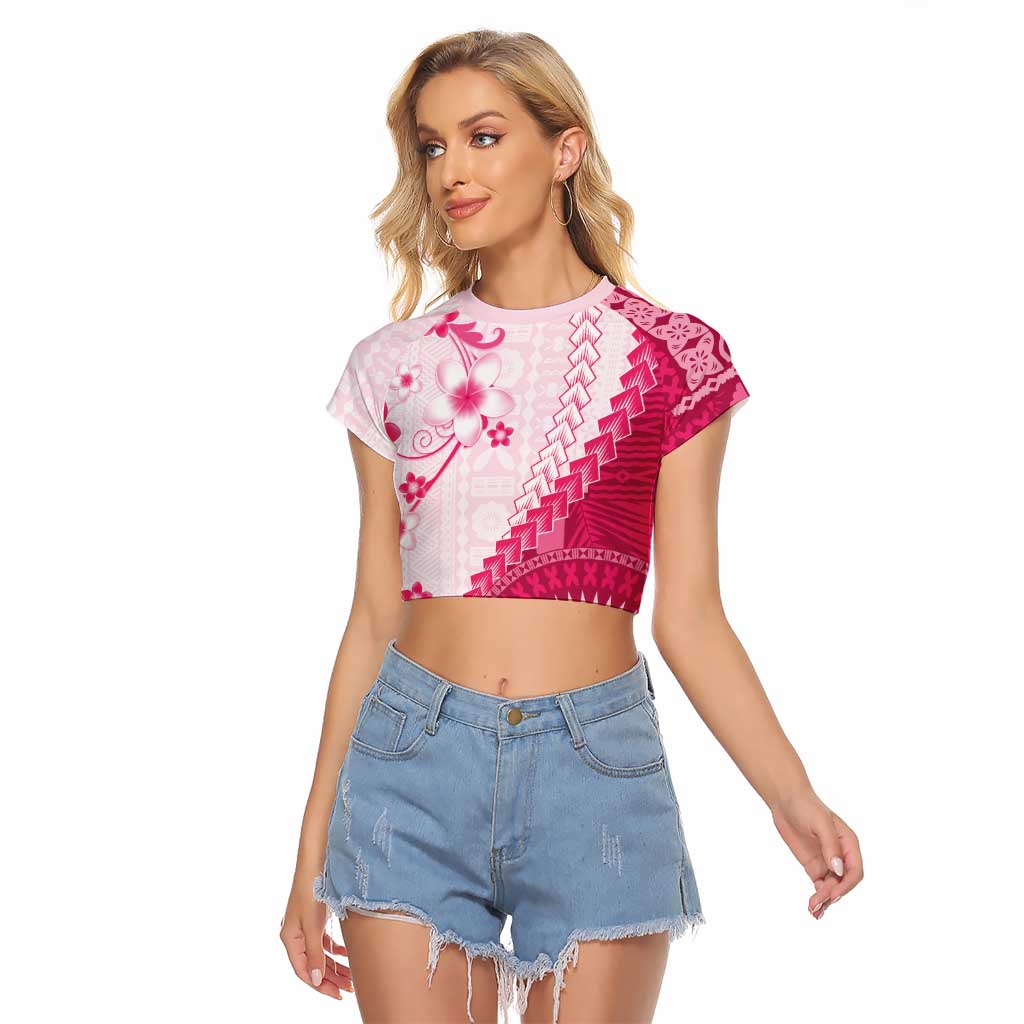 Bula Fiji Raglan Cropped T Shirt Pink Plumeria Masi Tapa Pattern - Polynesian Pride