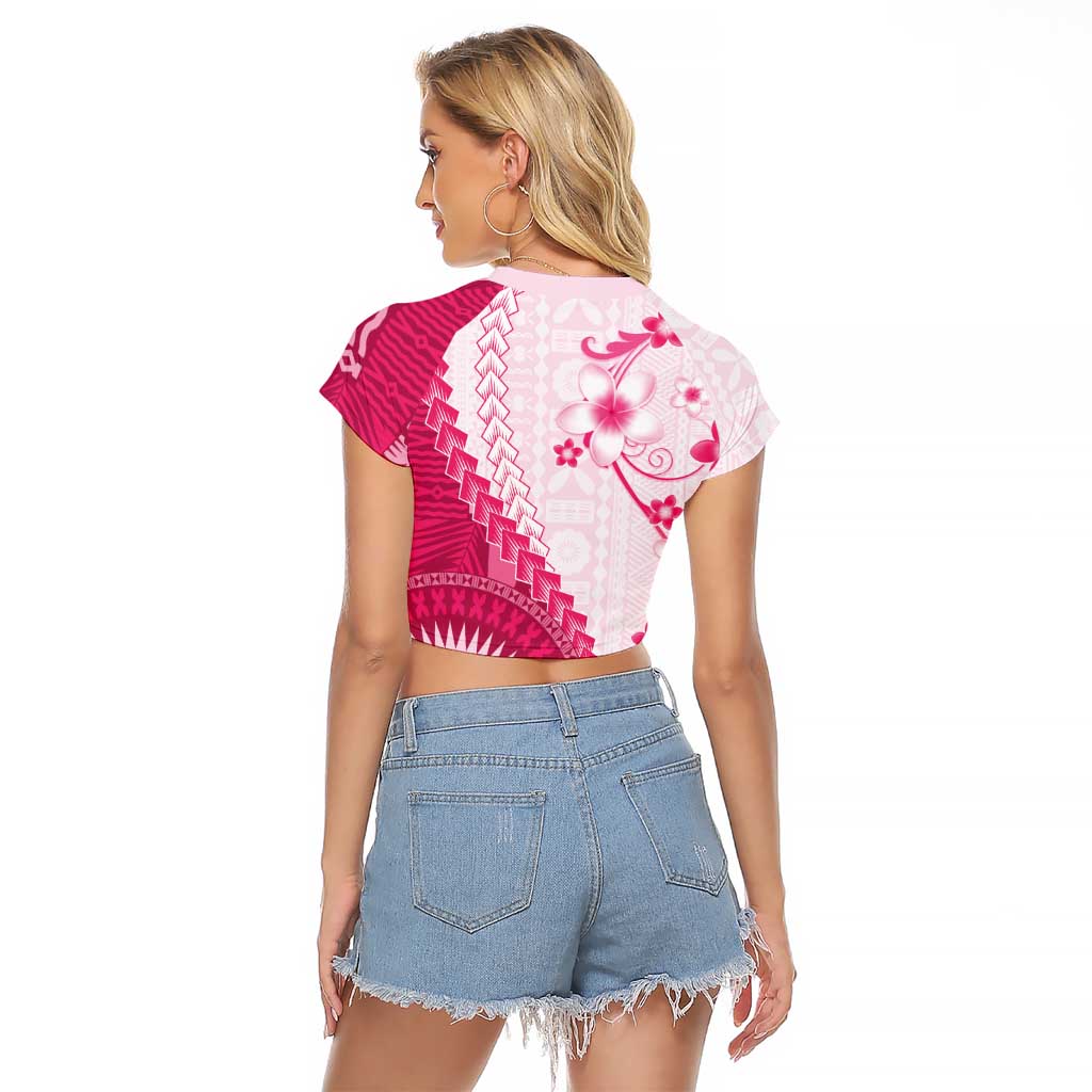 Bula Fiji Raglan Cropped T Shirt Pink Plumeria Masi Tapa Pattern - Polynesian Pride