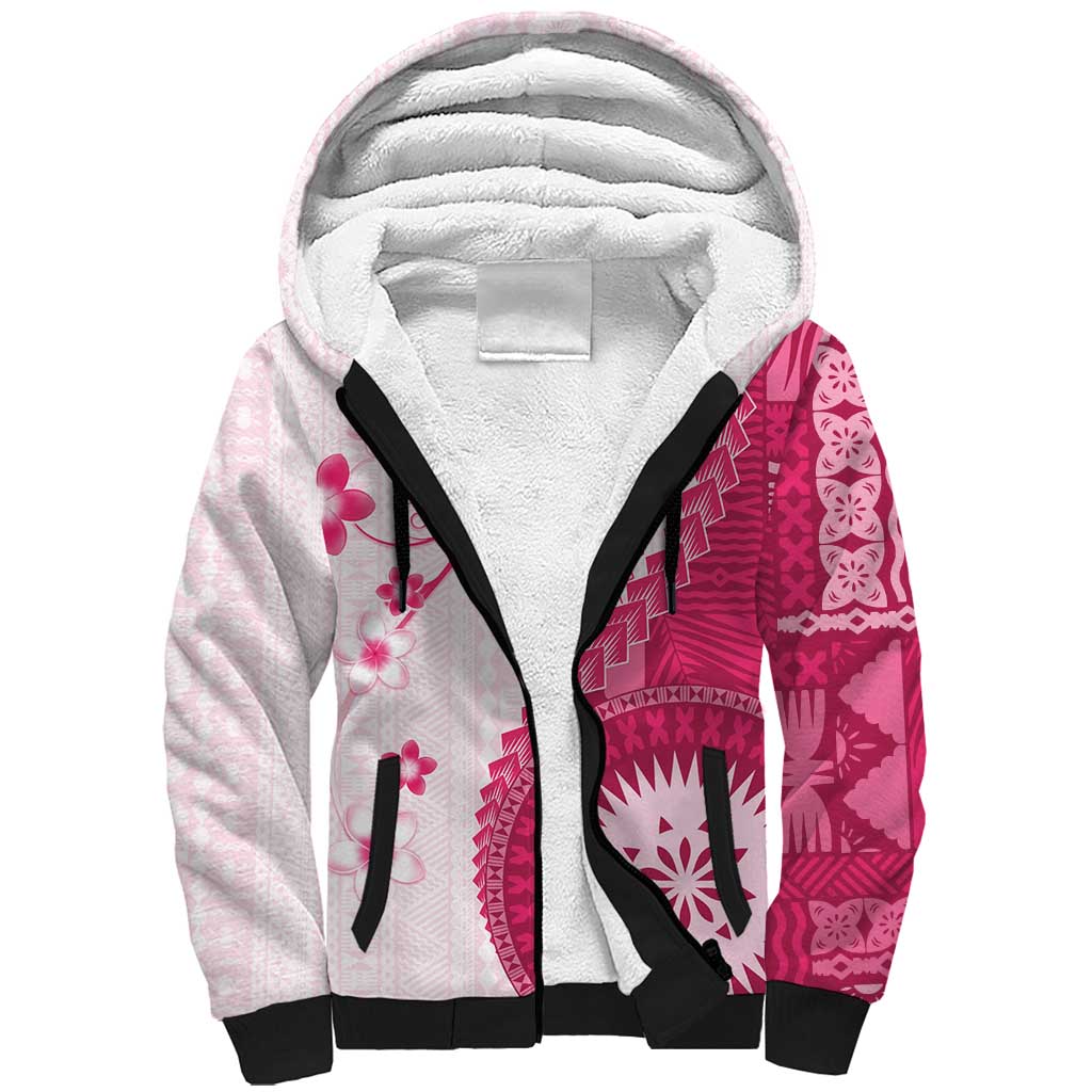 Bula Fiji Sherpa Hoodie Pink Plumeria Masi Tapa Pattern - Polynesian Pride